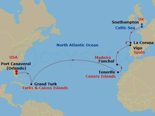 15 Night - Carnival Journeys - Transatlantic - Carnival Festivale - Starting in Southampton (London), England, La Coruna, Spain, Vigo, Spain, Funchal, Madeira, Portugal, Tenerife, Canary Islands, Grand Turk, Port Canaveral (Orlando), Fl itinerary map