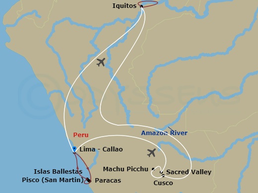 Delfin III Cruise Tours - 12 Night - From the Inca Empire to the Peruvian Amazon with the Nazca Lines - Delfin III Cruise Tours - Starting in Arrive in Lima, Peru, Lima / Pisco / Parac.. itinerary map