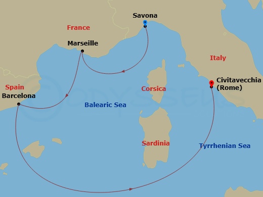 Costa Toscana - 4 Night - Western Mediterranean from Savona - Costa Toscana - Starting in Savona, Marseille, Barcelona, Civitavecchia itinerary map