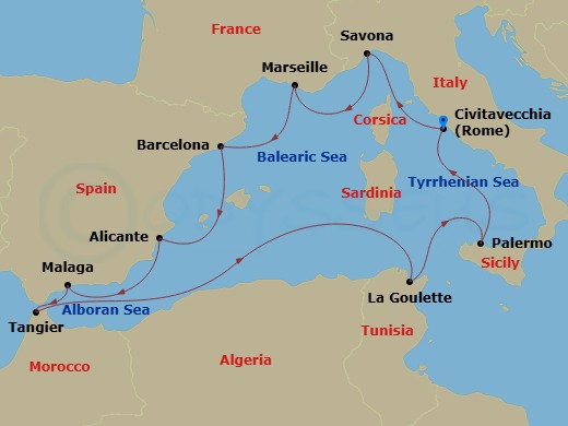 Costa Toscana - 11 Night - Western Mediterranean from Civitavecchia - Costa Toscana - Starting in Civitavecchia, Savona, Marseille, Barcelona, Alicante, Malaga, Tangier, La G.. itinerary map