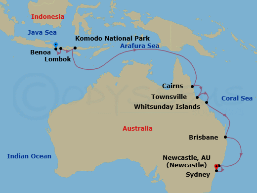 16 Night - Komodo & the Australian Coast - Viking Orion - Starting in Bali (Benoa), Lombok, Komodo National Park (Rinca), Sail the Timor Sea, Sail the Arafura Sea, Cairns, Townsville, Whitsunday Island (Airlie Beach), Sail the Coral Sea, Brisbane, Sail the Australian Coast, Newcastle AU, Sydney AU itinerary map