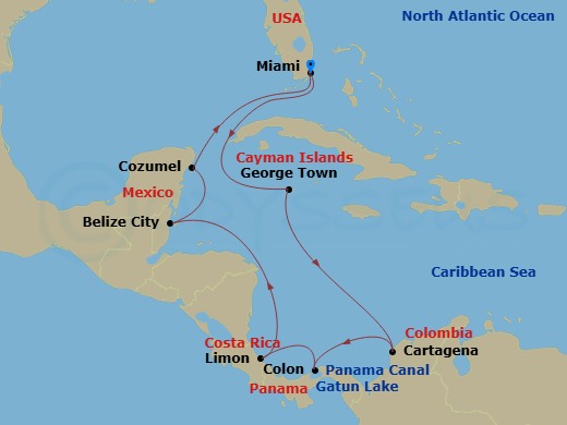 NCL Norwegian Jewel - 11 Night - Panama Canal - Miami - NCL Norwegian Jewel - Starting in Miami, Fl, George Town, Cayman Islands, Cartagena CO, Panama Canal Gatun Lake, Panama, Col.. itinerary map
