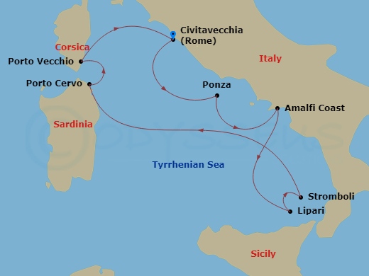 Wind Spirit - 7 Night - Italy and the Allure of the Aeolian Islands - Wind Spirit - Starting in Rome, Ponza, Amalfi, Lipari, Cruising Stromboli, Italy, Porto Cervo, Italy,.. itinerary map