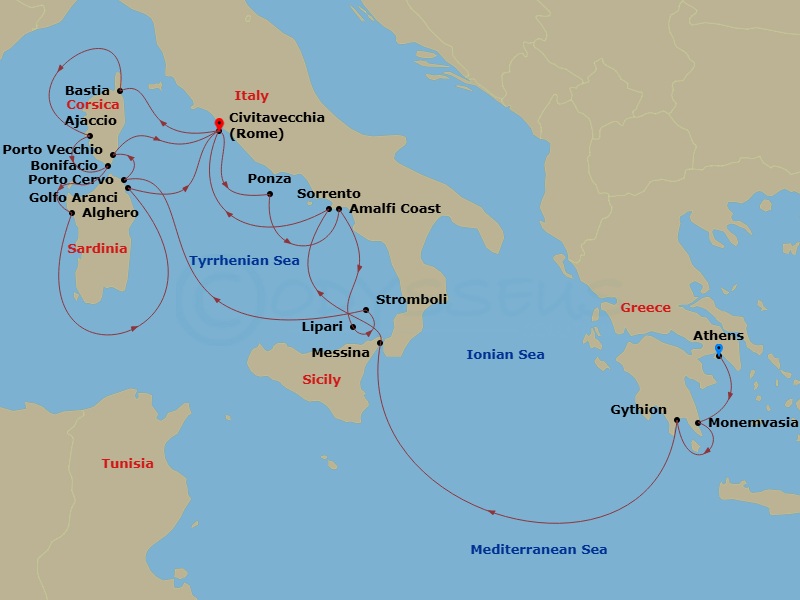 Wind Spirit - 21 Night - Star Collector : Best Beaches of Italy - Wind Spirit - Starting in Athens, Greece, Monemvasia, Gythion, Messina (Taormina), Sorrento, Rome, Bastia,.. itinerary map