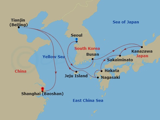 Oceania Regatta - 14 Night - Graceful Pagodas - Oceania Regatta - Starting in Seoul (Incheon), Busan, Kanazawa, Sakaiminato, Fukuoka (Hakata), Nagasaki, Jeju, Beijing (Tianjin).. itinerary map