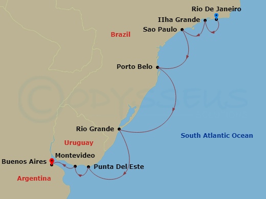 Oceania Vista - 10 Night - Brazilian Rhythms - Oceania Vista - Starting in Rio De Janeiro, Ilha Grande, Brazil, Sao Paulo (Santos), Porto Belo, Rio Grande, Punta Del Este, Mo.. itinerary map