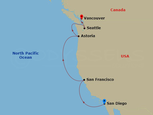 NCL Norwegian Jade - 8 Night - Repo - Pacific Coastal - NCL Norwegian Jade - Starting in San Diego, Ca, San Francisco, Ca, Astoria, Or, Seattle, Wa, Victoria CA, Canada, Vancouver.. itinerary map