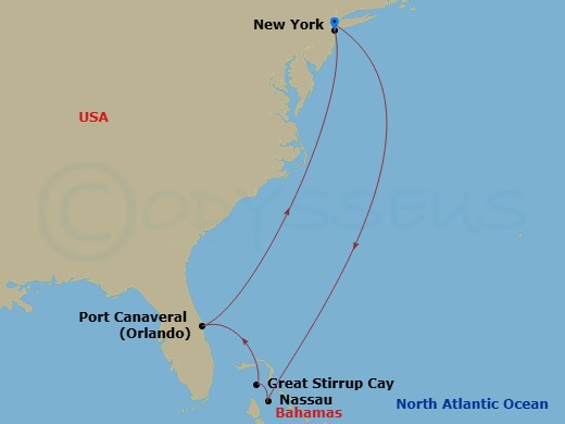 NCL Norwegian Breakaway - 8 Night - Bahamas - New York - NCL Norwegian Breakaway - Starting in New York City, Ny, Nassau, Bahamas, Great Stirrup Cay, Bahamas, Orlando Beaches / Port Ca.. itinerary map