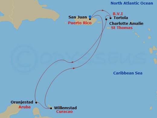 NCL Norwegian Prima - 7 Night - Southern Caribbean - San Juan - NCL Norwegian Prima - Starting in San Juan, Pr, Tortola, British Virgin Islands, St Thomas, Vi, Oranjestad, Aruba, W.. itinerary map