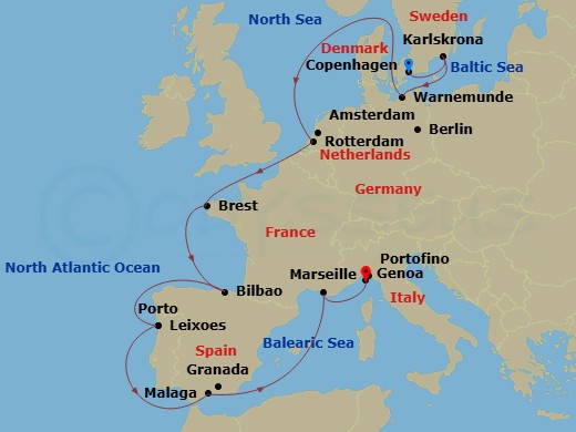 MSC Magnifica - 14 Night - Northern Europe - MSC Magnifica - Starting in Copenhagen, Denmark, Karlskrona, Sweden, Warnemunde (Berlin), Germany, Rotterdam (Amsterdam), Netherl.. itinerary map