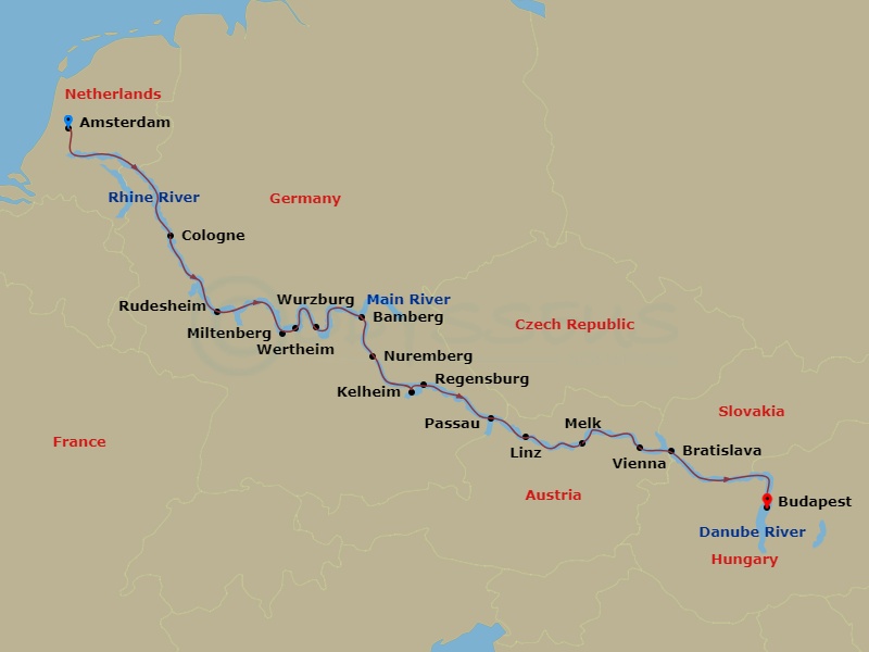 Emerald Luna - 14 Night - Christmas Markets of Europe - Emerald Luna - Starting in Amsterdam, Cologne, Rudesheim, Miltenberg / Wertheim, Wurzburg, Bamberg, Nuremberg, Kelhei.. itinerary map