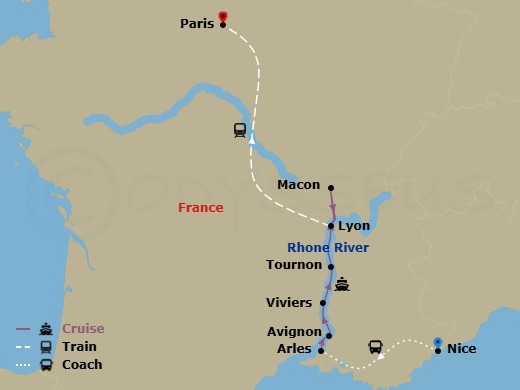 12 Night - Nice to Paris & Sensations of Lyon and Provence - Emerald Liberte - Starting in Nice, Nice / Arles, Arles, Avignon, Viviers, Tournon, Macon, Lyon, Lyon / Paris, Paris itinerary map