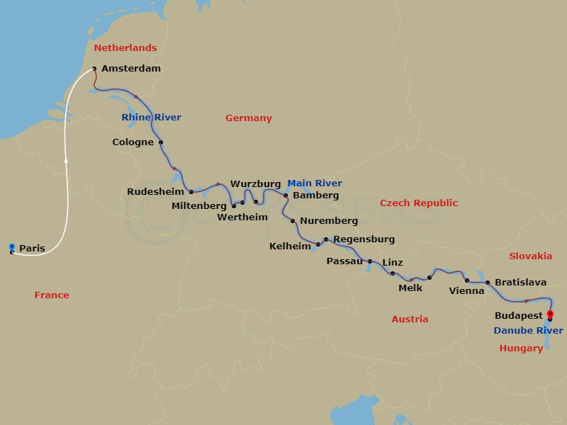 Emerald Astra - 17 Night - Christmas Markets of Europe & Paris - Emerald Astra - Starting in Paris, Paris / Amsterdam, Amsterdam, Cologne, Rudesheim, Miltenberg / Wertheim, W.. itinerary map