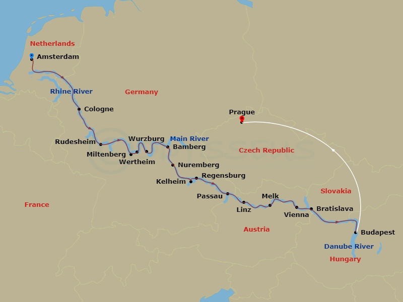 Emerald Astra - 17 Night - Prague & Christmas Markets of Europe - Emerald Astra - Starting in Amsterdam, Cologne, Rudesheim, Miltenberg / Wertheim, Wurzburg, Bamberg, Nurembe.. itinerary map