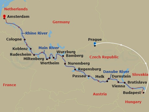 Emerald Star - 17 Night - Prague & Splendours of Europe - Emerald Star - Starting in Prague, Prague / Budapest, Budapest, Bratislava, Vienna, Durnstein / Melk, Passau, Regen.. itinerary map