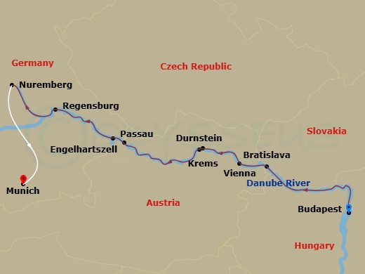 Emerald Astra - 9 Night - Danube Delights with Nuremberg & Munich - Emerald Astra - Starting in Budapest, Bratislava, Vienna, Durnstein / Melk, Engelhartszell / Passau, Regen.. itinerary map