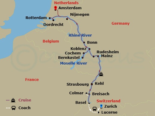 Emerald Sky - 15 Night - Switzerland & Rhine Castles & Moselle Vinyards with Amsterdam - Emerald Sky - Starting in Zurich, Zurich / Lucerne, Lucerne, Lucerne / Basel, Breis.. itinerary map