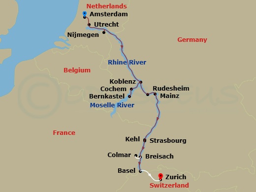 Emerald Destiny - 12 Night - Amsterdam with Rhine Castles & Moselle Vineyards - Emerald Destiny - Starting in Amsterdam, Rotterdam / Dordrecht, Nijmegen, Bonn, Bernkastel, Coch.. itinerary map