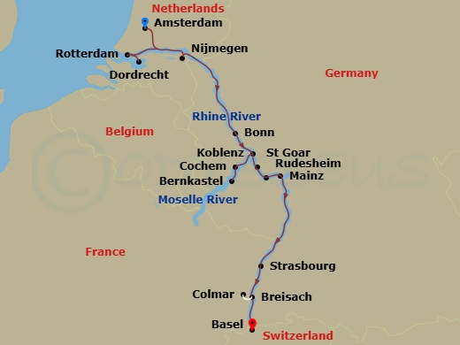 Emerald Destiny - 12 Night - Amsterdam with Rhine Castles & Moselle Vineyards - Emerald Destiny - Starting in Amsterdam, Rotterdam / Dordrecht, Nijmegen, Bonn, Bernkastel, Coch.. itinerary map