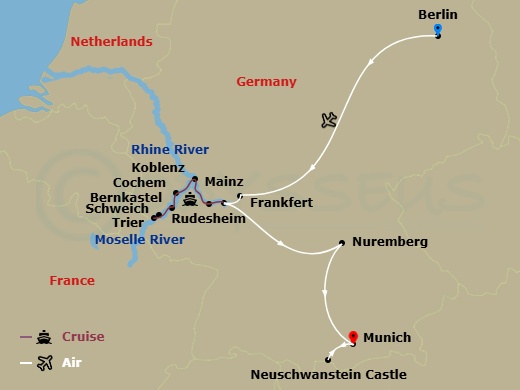 Emerald Sun - 13 Night - Highlights of Germany & Legendary Rhine & Moselle - Emerald Sun - Starting in Berlin, Berlin / Frankfurt / Mainz, Rudesheim, Bernkastel, Trier (Sch.. itinerary map