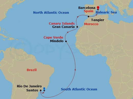 MSC Armonia - 15 Night - Msc Grand Voyages - MSC Armonia - Starting in Rio De Janeiro, Brazil, Santos (Sao Paulo), Brazil, Mindelo, Las Palmas de Gran Canaria (Canary Islan.. itinerary map