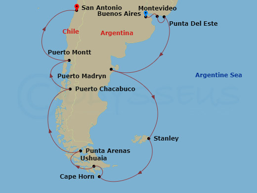 HAL Oosterdam - 22 Night - South America & Antarctica - HAL Oosterdam - Starting in Buenos Aires, Argentina, Montevideo, Uruguay, Punta Del Este, Uruguay, Puerto Madryn, Arge.. itinerary map