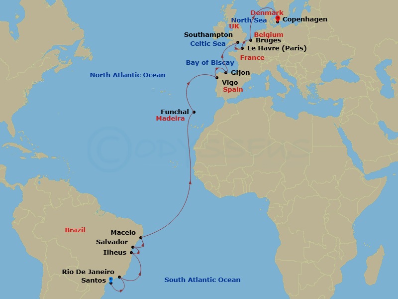 21 Night - Msc Grand Voyages - MSC Preziosa - Starting in Santos (Sao Paulo), Brazil, Rio De Janeiro, Brazil, Ilheus, Brazil, Salvador, Brazil, Maceio, Brazil, Funchal (Madeira Islands), Portugal, Vigo (Santiago De Compostela), Spain, Gijon, Spain, Southampton (London), United Kingdom, Le Havre (Paris), France, Zeebrugge (Bruges), Belgium, Copenhagen, Denmark itinerary map