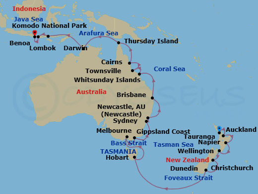 30 Night - Australia, New Zealand & Indonesia - Viking Orion - Starting in Auckland, Rotorua (Tauranga), Napier, Wellington, Christchurch, Dunedin, Scenic Sailing Foveaux Strait, Sail the Tasman Sea, Tasmania (Hobart), Scenic Sailing Bass Strait, Melbourne, Sail the Gippsland Coast, Sydney AU, Newcastle AU, Sail the Australian Coast, Brisbane, Sail the Australian Coast, Whitsunday Island (Airlie Beach), Townsville, Cairns, Sail the Coral Sea, Thursday Island, Sail the Arafura Sea, Darwin, Sail the Timor Sea, Komodo National Park (Rinca), Lombok, Bali (Benoa) itinerary map