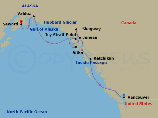 10 Night - Alaska & the Inside Passage - Viking Orion - Starting in Vancouver, British Columbia, Scenic Sailing the Inside Passage, Ketchikan, Alaska, Juneau, Alaska, Skagway, Alaska, Sitka, Alaska, Icy Strait Point, Alaska, Scenic Sailing Hubbard Glacier, Valdez, Alaska, Seward, Alaska itinerary map