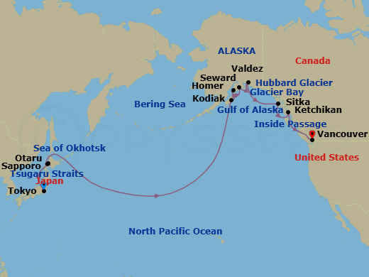 21 Night - North Pacific Passage - Viking Venus - Starting in Tokyo, Scenic Sailing : Tsugaro Strait, Sapporo, Sapporo (Otaru), Sail the Okhotsk Sea, Sail the North Pacific Ocean, Crossing International Dateline / East, Sail the Bering Sea, Kodiak, Alaska, Homer, Seward, Alaska, Valdez, Alaska, Scenic Sailing : Hubbard Glacier, Scenic Sailing : Glacier Bay, Sitka, Alaska, Ketchikan, Alaska, Scenic Sailing : the Inside Passage, Vancouver, British Columbia itinerary map