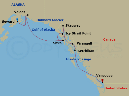 10 Night - Alaska & the Inside Passage - Viking Venus - Starting in Seward, Alaska, Valdez, Alaska, Scenic Sailing Hubbard Glacier, Sitka, Alaska, Icy Strait Point, Alaska, Skagway, Alaska, Wrangell, Alaska, Ketchikan, Alaska, Scenic Sailing the Inside Passage, Vancouver, British Columbia itinerary map