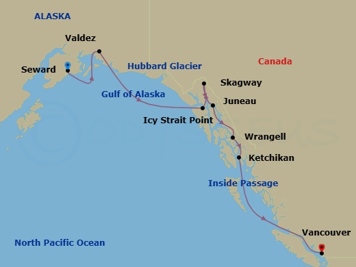 10 Night - Alaska & the Inside Passage - Viking Venus - Starting in Vancouver, British Columbia, Scenic Sailing the Inside Passage, Ketchikan (Ward Cove), Alaska, Wrangell, Alaska, Icy Strait Point, Alaska, Skagway, Alaska, Sitka, Alaska, Scenic Sailing Hubbard Glacier, Valdez, Alaska, Seward, Alaska itinerary map