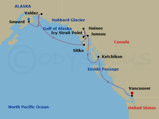 10 Night - Alaska & the Inside Passage - Viking Venus - Starting in Seward, Alaska, Valdez, Alaska, Scenic Sailing Hubbard Glacier, Sitka, Alaska, Haines, Alaska, Icy Strait Point, Alaska, Juneau, Alaska, Ketchikan, Alaska, Scenic Sailing the Inside Passage, Vancouver, British Columbia itinerary map