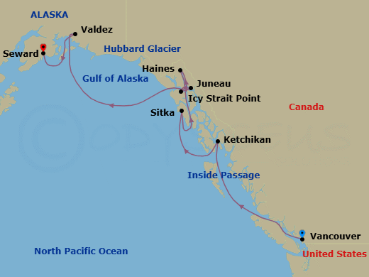 10 Night - Alaska & the Inside Passage - Viking Venus - Starting in Vancouver, British Columbia, Scenic Sailing the Inside Passage, Ketchikan, Alaska, Sitka, Alaska, Juneau, Alaska, Icy Strait Point, Alaska, Haines, Alaska, Scenic Sailing Hubbard Glacier, Valdez, Alaska, Seward, Alaska itinerary map