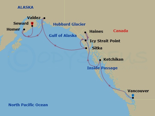 10 Night - Alaska & the Inside Passage - Viking Orion - Starting in Vancouver, British Columbia, Scenic Sailing the Inside Passage, Ketchikan (Ward Cove), Alaska, Icy Strait Point, Alaska, Haines, Alaska, Sitka, Alaska, Scenic Sailing Hubbard Glacier, Valdez, Alaska, Homer, Seward, Alaska itinerary map