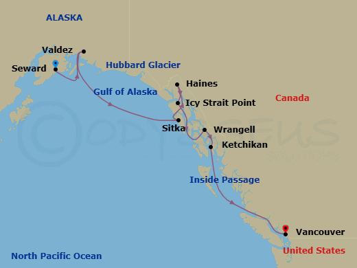10 Night - Alaska & the Inside Passage - Viking Orion - Starting in Seward, Alaska, Valdez, Alaska, Scenic Sailing Hubbard Glacier, Sitka, Alaska, Haines, Alaska, Icy Strait Point, Alaska, Wrangell, Alaska, Ketchikan, Alaska, Scenic Sailing the Inside Passage, Vancouver, British Columbia itinerary map