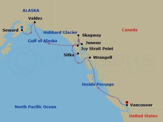 10 Night - Alaska & the Inside Passage - Viking Orion - Starting in Seward, Alaska, Valdez, Alaska, Scenic Sailing Hubbard Glacier, Icy Strait Point, Alaska, Skagway, Alaska, Juneau, Alaska, Sitka, Alaska, Wrangell, Alaska, Scenic Sailing the Inside Passage, Vancouver, British Columbia itinerary map