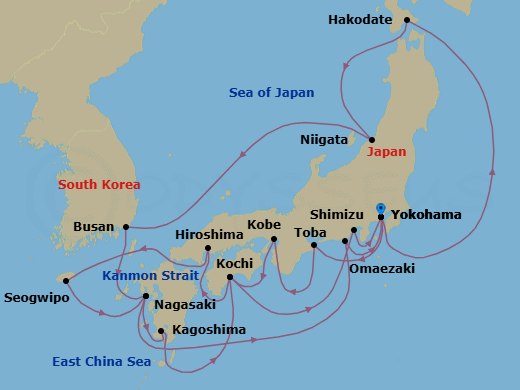 20 Night - Grand Circle Japan - Diamond Princess - Starting in Tokyo (Yokohama), Japan, Toba, Japan, Kobe (for Kyoto), Japan, Kochi, Japan, Hiroshima, Japan, Kanmon Straits, Japan, Jeju (Seogwipo), South Korea, Nagasaki, Japan, Omaezaki, Japan, Tokyo (Yokohama), Japan, Hakodate, Japan, Niigata, Japan, Busan, South Korea, Nagasaki, Japan, Kagoshima, Japan, Kochi, Japan, Shimizu (for Mount Fuji), Japan, Tokyo (Yokohama), Japan itinerary map