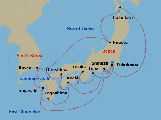 20 Night - Grand Circle Japan - Diamond Princess - Starting in Tokyo (Yokohama), Japan, Hakodate, Japan, Niigata, Japan, Busan, South Korea, Nagasaki, Japan, Kagoshima, Japan, Kochi, Japan, Shimizu (for Mount Fuji), Japan, Tokyo (Yokohama), Japan, Toba, Japan, Osaka (for Kyoto), Japan, Kochi, Japan, Hiroshima, Japan, Kanmon Straits, Japan, Busan, South Korea, Nagasaki, Japan, Shimizu (for Mount Fuji), Japan, Tokyo (Yokohama), Japan itinerary map