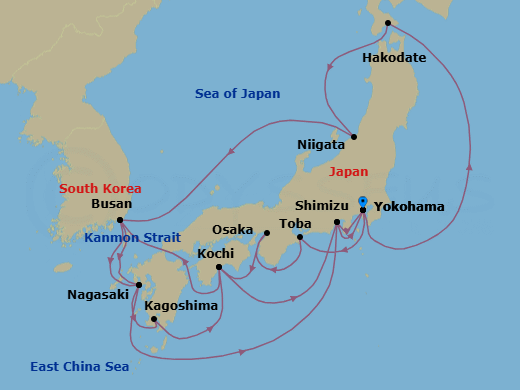 19 Night - Grand Circle Japan - Diamond Princess - Starting in Tokyo (Yokohama), Japan, Hakodate, Japan, Niigata, Japan, Busan, South Korea, Nagasaki, Japan, Kagoshima, Japan, Kochi, Japan, Shimizu (for Mount Fuji), Japan, Tokyo (Yokohama), Japan, Toba, Japan, Osaka (for Kyoto), Japan, Kochi, Japan, Busan, South Korea, Nagasaki, Japan, Shimizu (for Mount Fuji), Japan, Tokyo (Yokohama), Japan itinerary map
