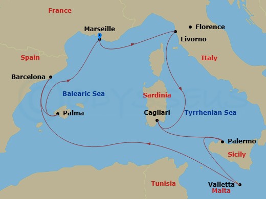 MSC Splendida - 8 Night - Mediterranean - MSC Splendida - Starting in Marseille (Provence), France, Livorno (Florence), Italy, Cagliari (Sardinia), Italy, Palermo (Monreale),.. itinerary map