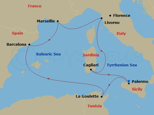 MSC Splendida - 7 Night - Mediterranean - MSC Splendida - Starting in Palermo (Monreale), Italy, La Goulette, Tunisia, Barcelona, Spain, Marseille (Provence), France, Livorno.. itinerary map