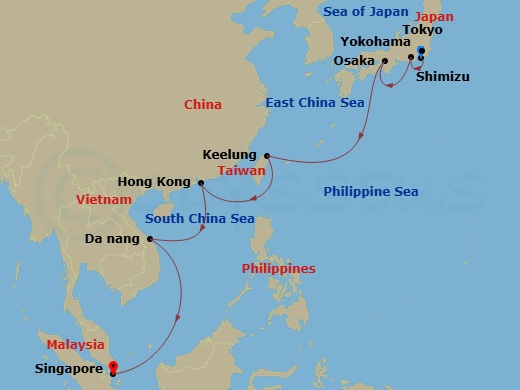 Royal Princess - 12 Night - Southeast Asia & Japan - Royal Princess - Starting in Tokyo (Yokohama), Japan, Shimizu (for Mount Fuji), Japan, Osaka (for Kyoto), Japan, Taipei (K.. itinerary map