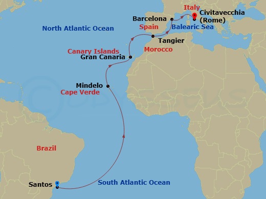 MSC Armonia - 16 Night - Msc Grand Voyages - MSC Armonia - Starting in Santos (Sao Paulo), Brazil, Mindelo, Cape Verde, Las Palmas de Gran Canaria (Canary Islands), Spain,.. itinerary map
