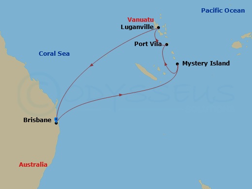 RCL Voyager of the Seas - 9 Night - South Pacific Holiday Cruise - RCL Voyager of the Seas - Starting in Brisbane, Australia, Mystery Island, Vanuatu, Vila, Vanuatu, Luganville, Vanuat.. itinerary map