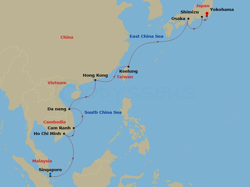 Diamond Princess - 14 Night - Southeast Asia & Japan - Diamond Princess - Starting in Singapore, Ho Chi Minh City (Phu My), Vietnam, Cam Ranh (Nha Trang), Vietnam, Da Nang / Hue.. itinerary map