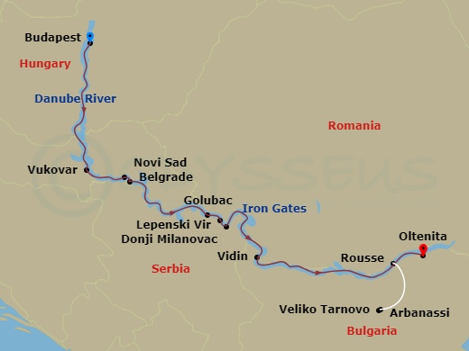 7 Night - Balkan Discovery - Avalon Expression - Starting in Budapest, Hungary (Embarkation), Vukovar, Novi Sad, Serbia, Belgrade, Golubac / Donji Milanovac Excursion to Lepenski Vir / Iron Gates Gorge, Vidin, Bulgaria, Rousse / Veliko Tarnovo and Arbanassi Excursion, Oltenita, Romania (Disembarkation) itinerary map