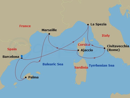 Resilient Lady - 7 Night - Italy, Spain & French Riviera - Resilient Lady - Starting in Barcelona, Spain, Tuscany / Cinque Terre (La Spezia), Italy, Rome (Civitavecchia), Ital.. itinerary map