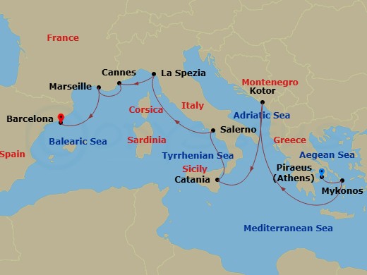 Resilient Lady - 11 Night - Western Med : Athens to Barcelona - Resilient Lady - Starting in Athens (Piraeus), Greece, Mykonos, Greece, Kotor, Montenegro, Catania, Sicily, Ita.. itinerary map