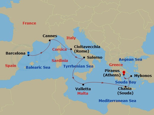 Resilient Lady - 10 Night - Western Med : Barcelona to Athens - Resilient Lady - Starting in Barcelona, Spain, Cannes, France, Rome (Civitavecchia), Italy, Amalfi Coast (Saler.. itinerary map
